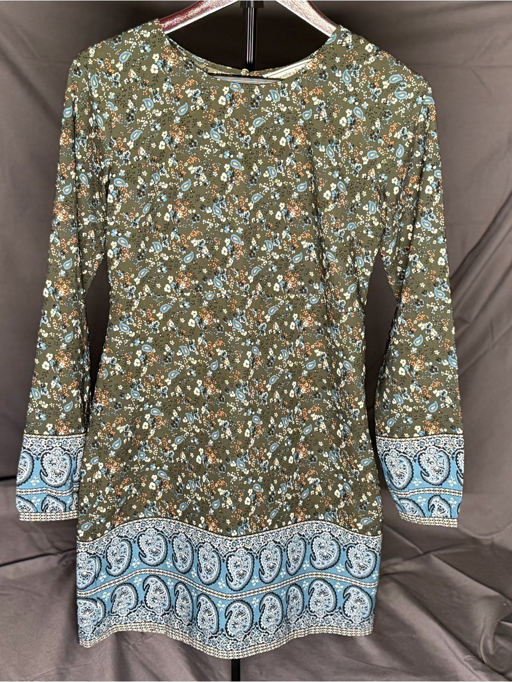 Abercrombie & Fitch Olive Floral Long-Sleeve Dress with Blue Border